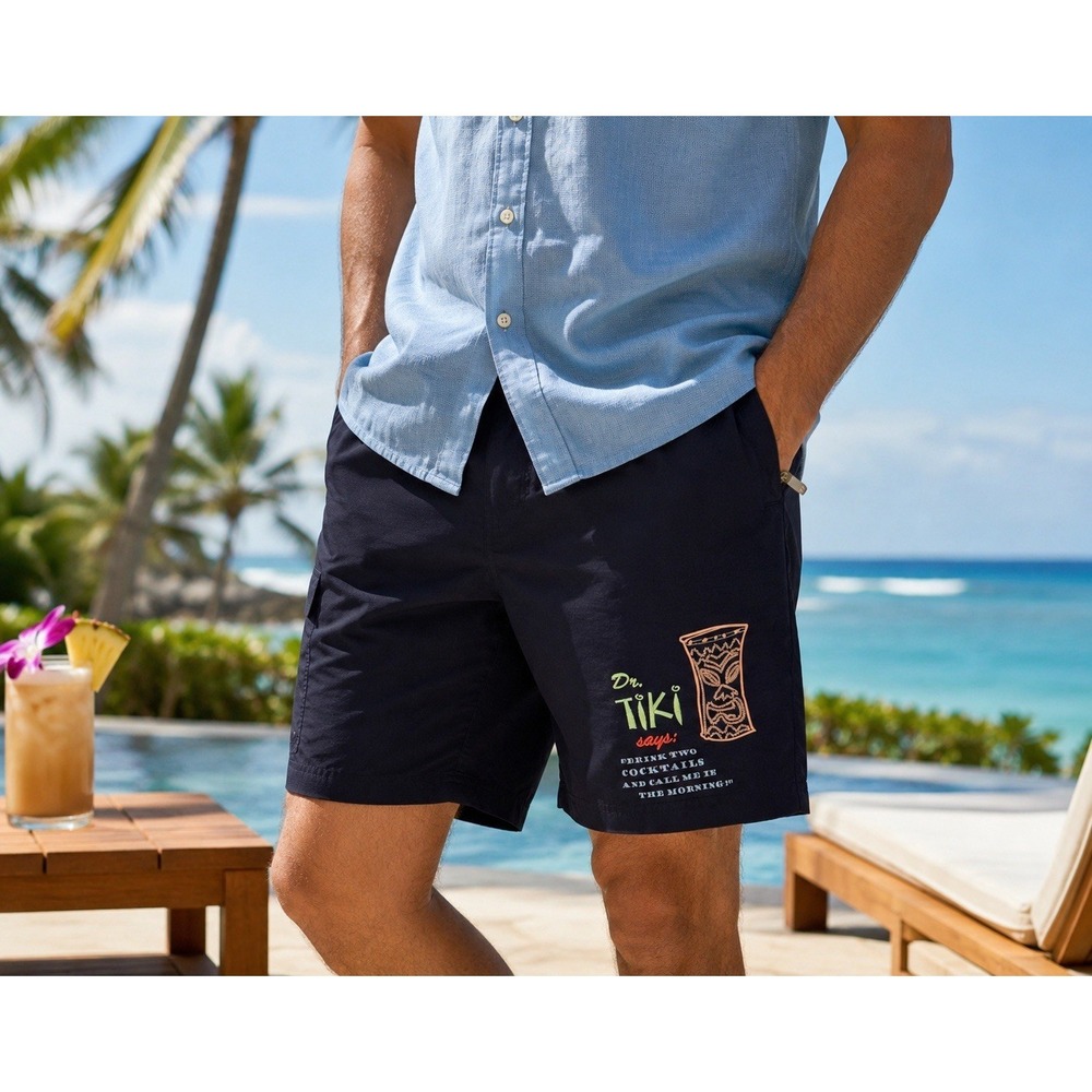 Tori Richard Navy Swim Trunks Men XL Tiki‎ Cocktail Embroidered Shorts Lined
